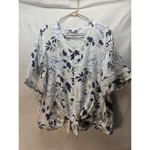 AB Studio Blouse Womens Size Small Blue White Short Sleeve Eyelet Tie 7052